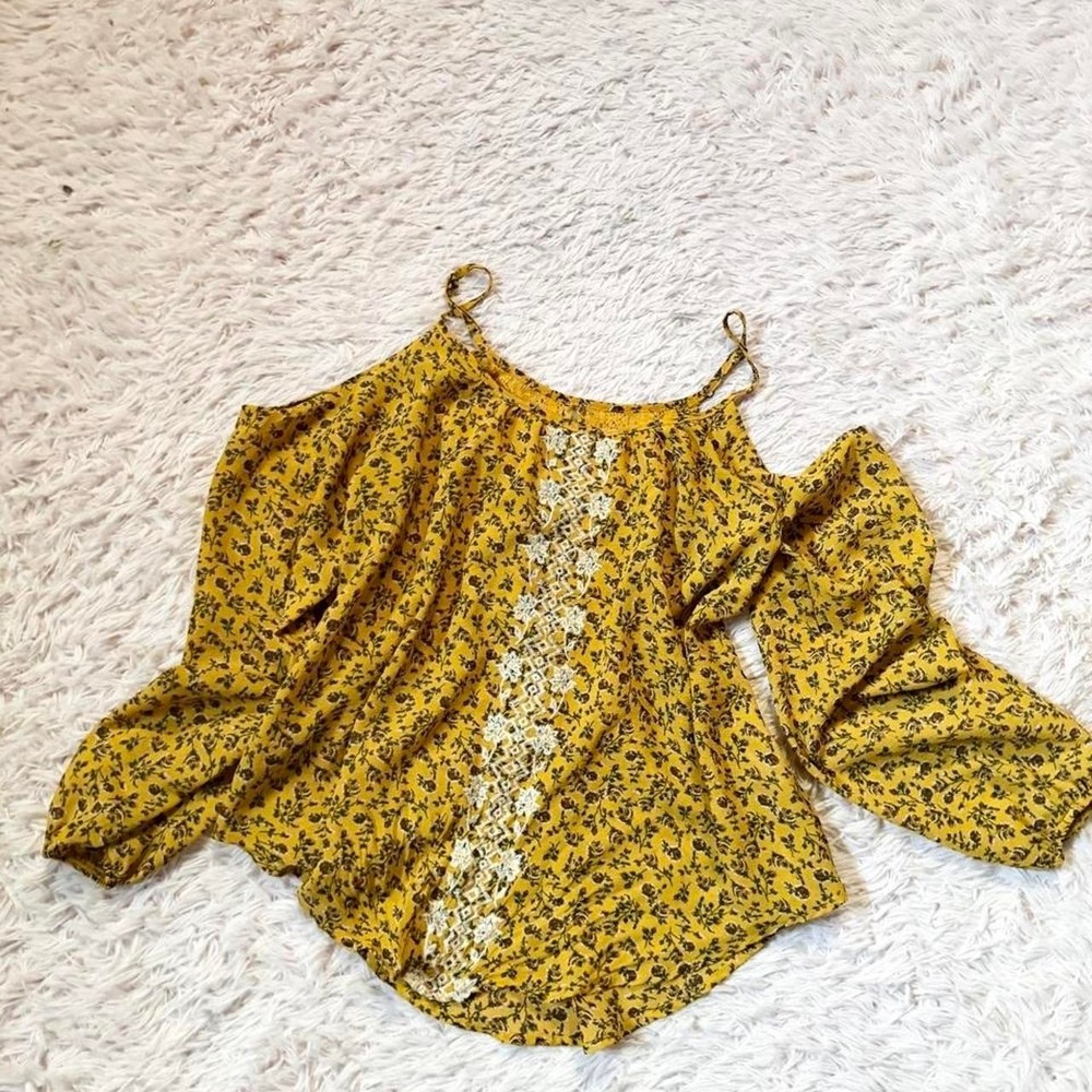 Cottage Core Mustard Cold Shoulder Earthy Boho Lace Top Womens S Indie Hippie